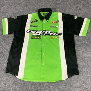 Arctic Cat Shirt Mens L Green Short Sleeve Button Up Heavy Mechanic Embroidered
